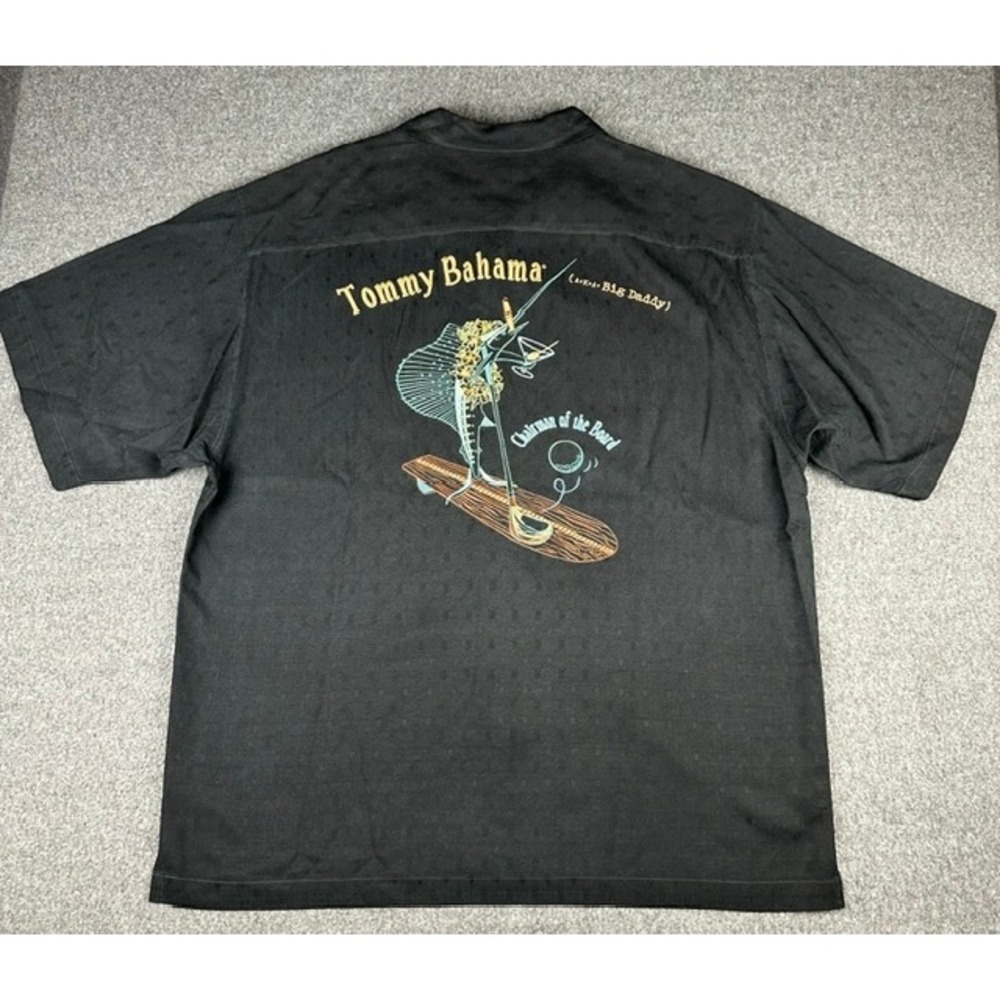 Tommy Bahama Silk Shirt Mens Large Black Chairman of the Board Marlin Golf Cigar